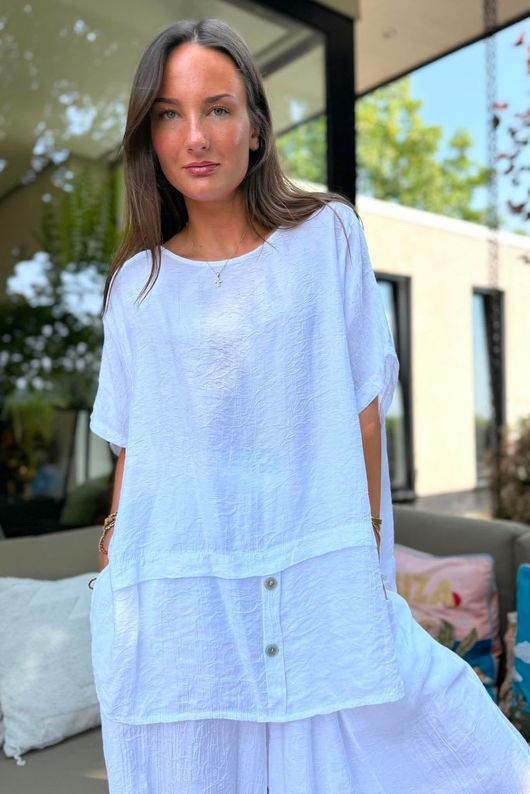 Tasha Damask Cap Sleeve Button Top White